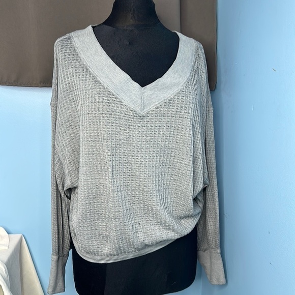 We The Free | Free People Grey Waffle Knit V Neck Long Sleeve Shirt - Picture 1 of 6